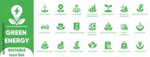 Green Energy Ecology Sustainability Environment Net Zero Vector Icon Set