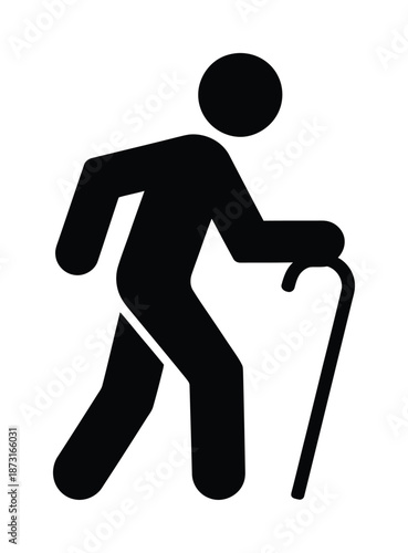 Black vector icon shows man walking with cane for support