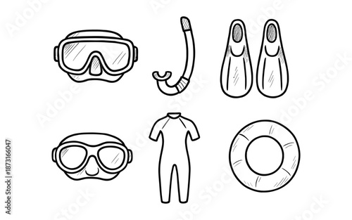 Hand-drawn collection of snorkeling and diving equipment on a white background