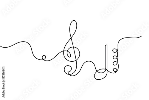 Music note symbol continuous line art with minimalist design and clean outline vector illustration