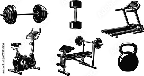 Gym equipment vector illustration set, including dumbbells treadmill bench press kettlebell and exercise bike isolated on white background for fitness design use