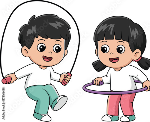 Happy cartoon kids playing jump rope and hula hoop, cute children exercise illustration for fitness, fun, sport, and activity vector
