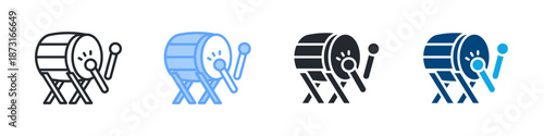 Drum Icon Set Multiple Style. Designed In Outline, Blue, Glyph, Dual Tone