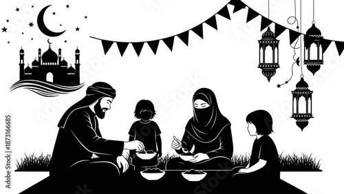 Family iftar together on a serene night under the moonlight with lanterns hanging above