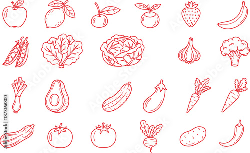 Assorted Fruits and Vegetables Illustrated in a Simple Line Art Style