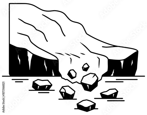 Glacier Melting and Global Warming Icon. Minimalist Vector Illustration of Iceberg Collapsing into the Ocean for Climate Change, Environmental Crisis, and Ecology Concept Design.