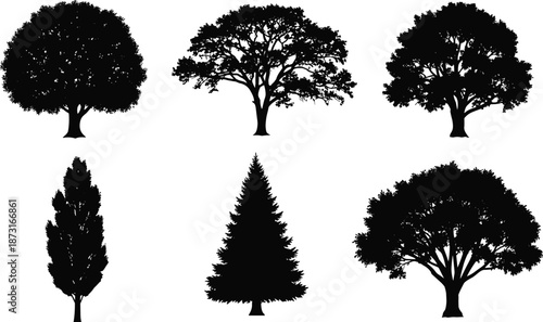 Tree silhouette collection vector, black forest and garden trees isolated on white background for landscape design, branding, and decoration projects use templates