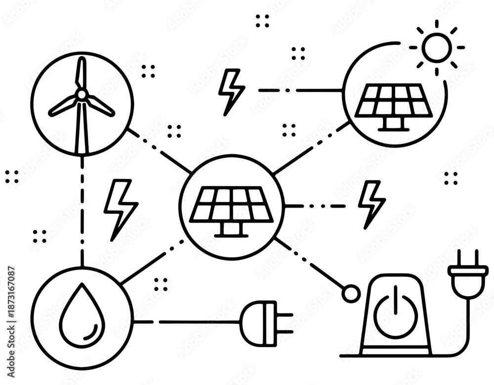 Obraz premium Renewable Energy Network and Smart Grid Concept. Minimalist Vector Illustration of Connected Solar, Wind, and Hydro Power Icons for Sustainable Technology and Green Energy Design.
