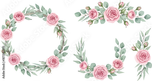 Beautiful Watercolor Pink Rose and Eucalyptus Leaf Floral Arrangements Collection