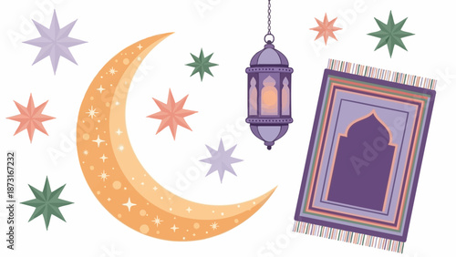 A serene Islamic prayer scene with a crescent moon, lantern, and prayer mat surrounded by stars