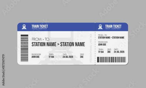 Train ticket, train pass design, traveler check. Travel by rail transport. Vacation.