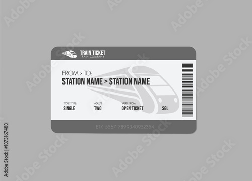 Train ticket, train pass design, traveler check. Travel by rail transport. Vacation.