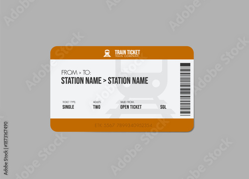 Train ticket, train pass design, traveler check. Travel by rail transport. Vacation.