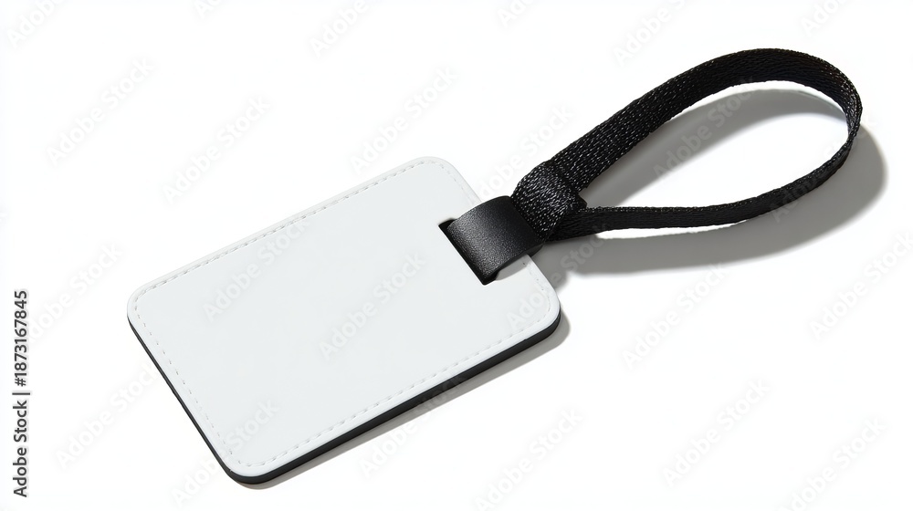 Obraz premium Blank white luggage tag with black strap and buckle.