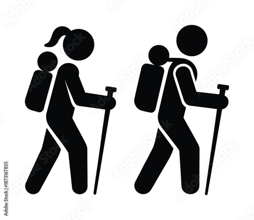 Black vector silhouettes of hikers with backpacks and walking sticks