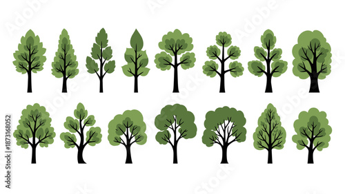 Stylized Tree Vector Icon Set – Black Trunks with Green Foliage, Diverse Canopy Shapes for Botanical, Educational, Environmental, Landscape, and Graphic Design Projects