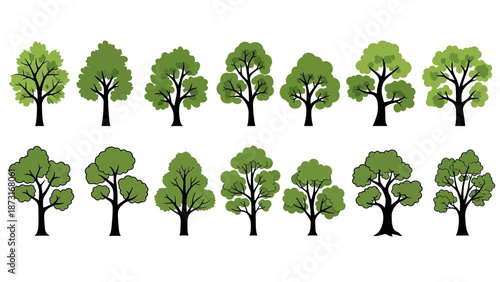 Stylized Tree Vector Icon Set – Black Trunks with Green Foliage, Diverse Canopy Shapes for Botanical, Educational, Environmental, Landscape, and Graphic Design Projects