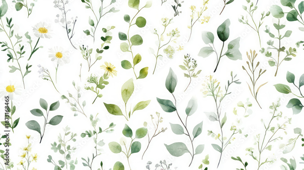 Obraz premium Seamless watercolor pattern featuring green leaves and white daisies on white background