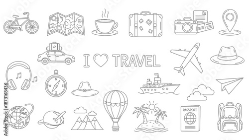 Travel Line Art Vector Icon Set – Map, Suitcase, Camera, Airplane, Hotel, Taxi, Globe, Passport, Coffee, Compass for Tourism, Blogs, and Design Projects