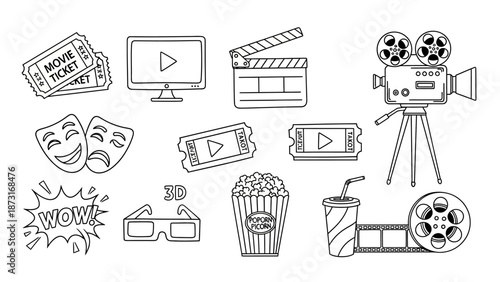 Cinema Line Art Vector Icon Set – Movie Tickets, Clapperboard, Camera, Popcorn, Masks, Glasses, Reel, Monitor, WOW Burst for Entertainment and Media Design