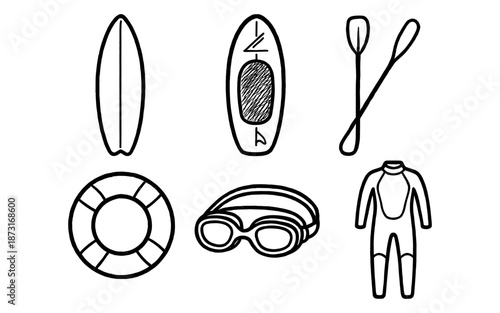 Collection of hand-drawn water sports equipment and safety gear icons