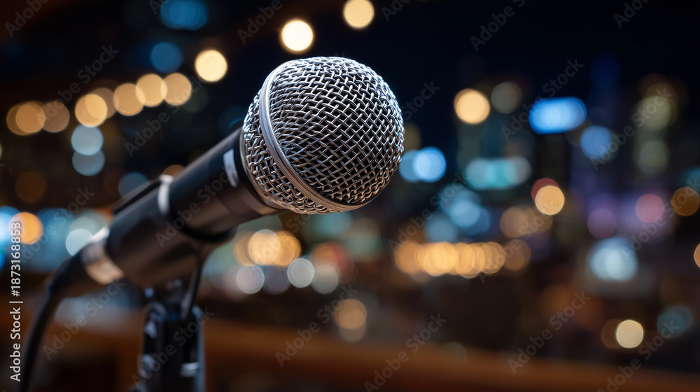 Obraz premium Macro close-up of a microphone with metal grille, fine mesh texture in focus, blurred instrument lights in background suggesting live music performance