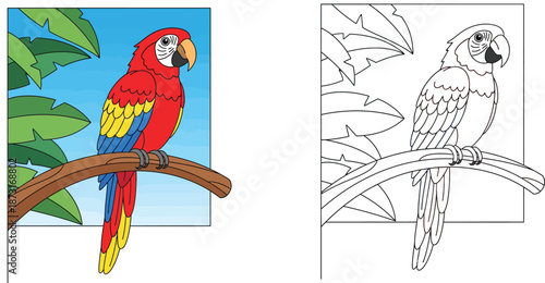 Vibrant Cartoon Scarlet Macaw Parrot perched on a Jungle Branch, Tropical Exotic Bird Character Illustration with Green Leaves and Blue Sky Background for Kids Graphic Design Projects.