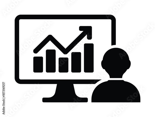 Vector illustration showing person analyzing growth chart on computer screen for business insights.