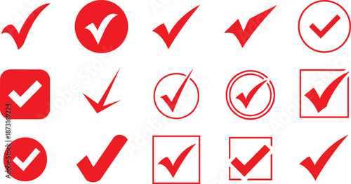 Collection of red check marks and ticks in various shapes and designs on a white background
