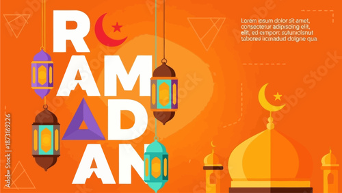 Celebrating Ramadan with traditional lanterns and mosque architecture during a vibrant cultural festival at dusk from a frontal viewpoint