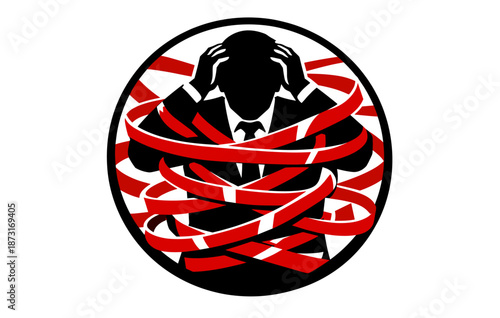 Silhouetted businessman entangled in red tape symbolizing bureaucratic struggles