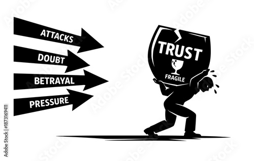 Silhouette of person carrying fragile trust shield with symbolic challenges
