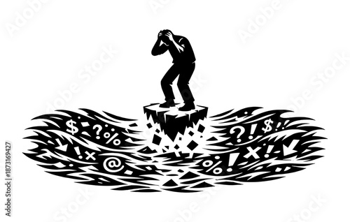 Confused male adult standing amidst turbulent symbolic waves of anxiety and stress