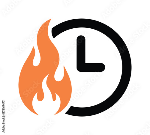 Orange flames and a clock in a bold vector design.