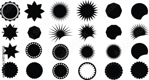Collection of various black graphic shapes on a white background, including stars, spiky circles, and plain circles, viewed from a straightforward perspective.