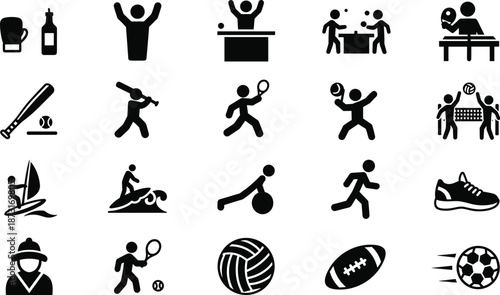 Sports activity icons set, athletes games equipment fitness recreation competition symbols, baseball tennis football running teamwork, flat black vector illustration