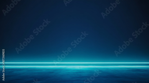 Futuristic dark blue background with a glowing cyan neon line on a textured concrete floor, creating a minimalist and modern industrial aesthetic.