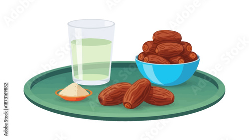 A tray with a glass of milk, a bowl of dates, and a small pile of powder is presented on a green surface.