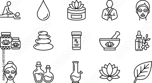 Spa wellness icons set featuring massage therapy skincare natural cosmetics meditation symbols, outline vector illustration for health beauty branding design
