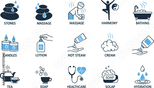Spa wellness and relaxation icons set, massage bathing harmony hydration healthcare symbols, flat vector illustration for self care therapy concepts