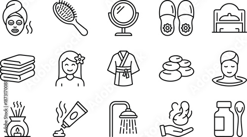 Spa and wellness icons set with skincare beauty salon accessories relaxation symbols, outline vector illustration for health spa branding design