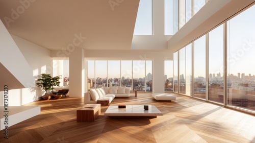 A modern apartment living room with floor to ceiling windows.