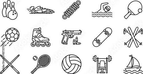 Sports activity line icons set with fitness equipment games racing swimming training vector illustration outline design