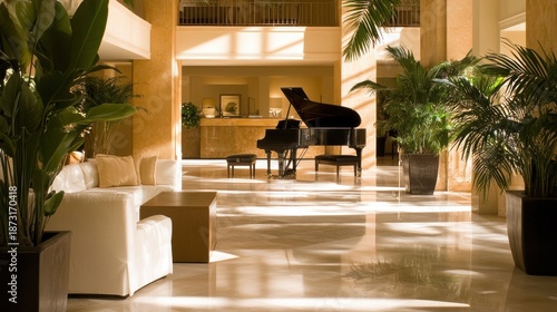 A luxury hotel lobby with a grand piano and marble floors.
