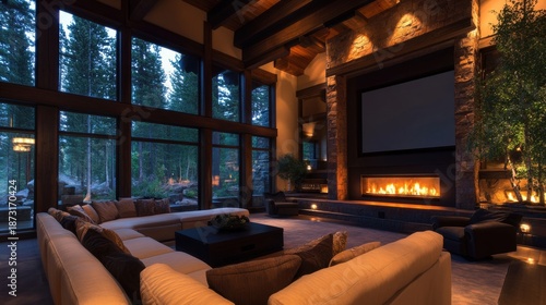 A luxury home theater with reclining seats and a massive screen.