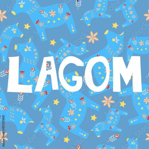 Lagom. Scandinavian poster. Dala Horse, traditional Swedish ornament. Background flat design stock illustration