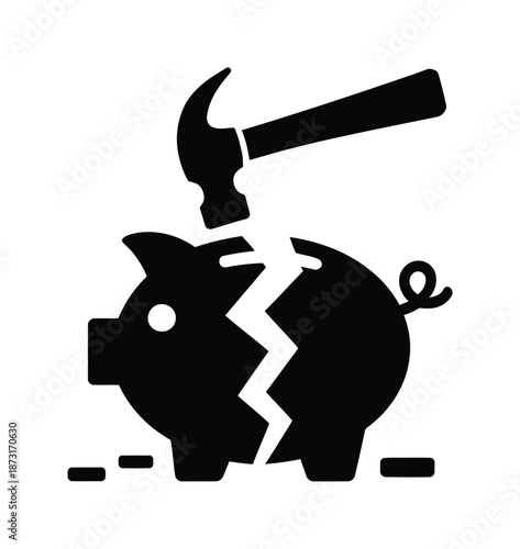 Vector image of hammer breaking open a piggy bank on white background