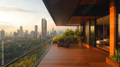A high rise luxury apartment balcony overlooking a bustling city.