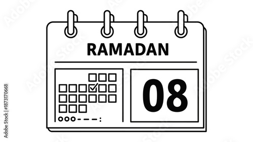 Calendar page displaying the eighth day of Ramadan with a marked date on a simple illustration