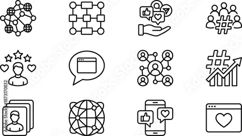 Social media networking and engagement line icons set featuring hashtags, likes, followers, growth, digital community interaction concepts